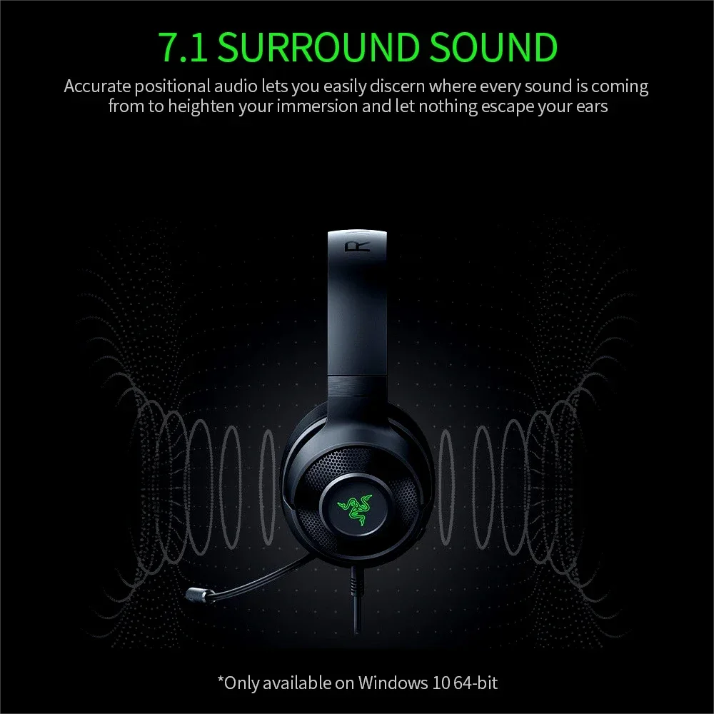 Razer Kraken X Essential Gaming Headset 7.1 Surround Sound Headphone Bendable Cardioid Microphone 40mm Driver Unit Headphones