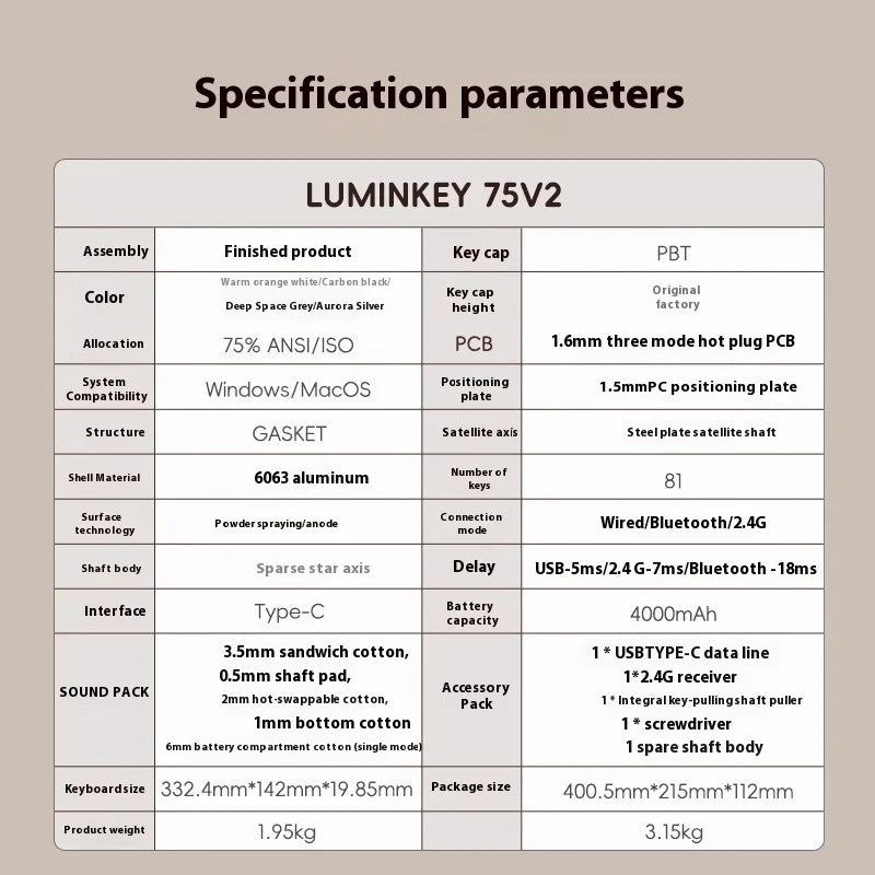 LUMINKEY 75V2 Mechanical Keyboard 3Mode Keyboard Bluetooth Wireless Aluminum Alloy PBT Custom Game Hot Swap Keyboard Office Gift