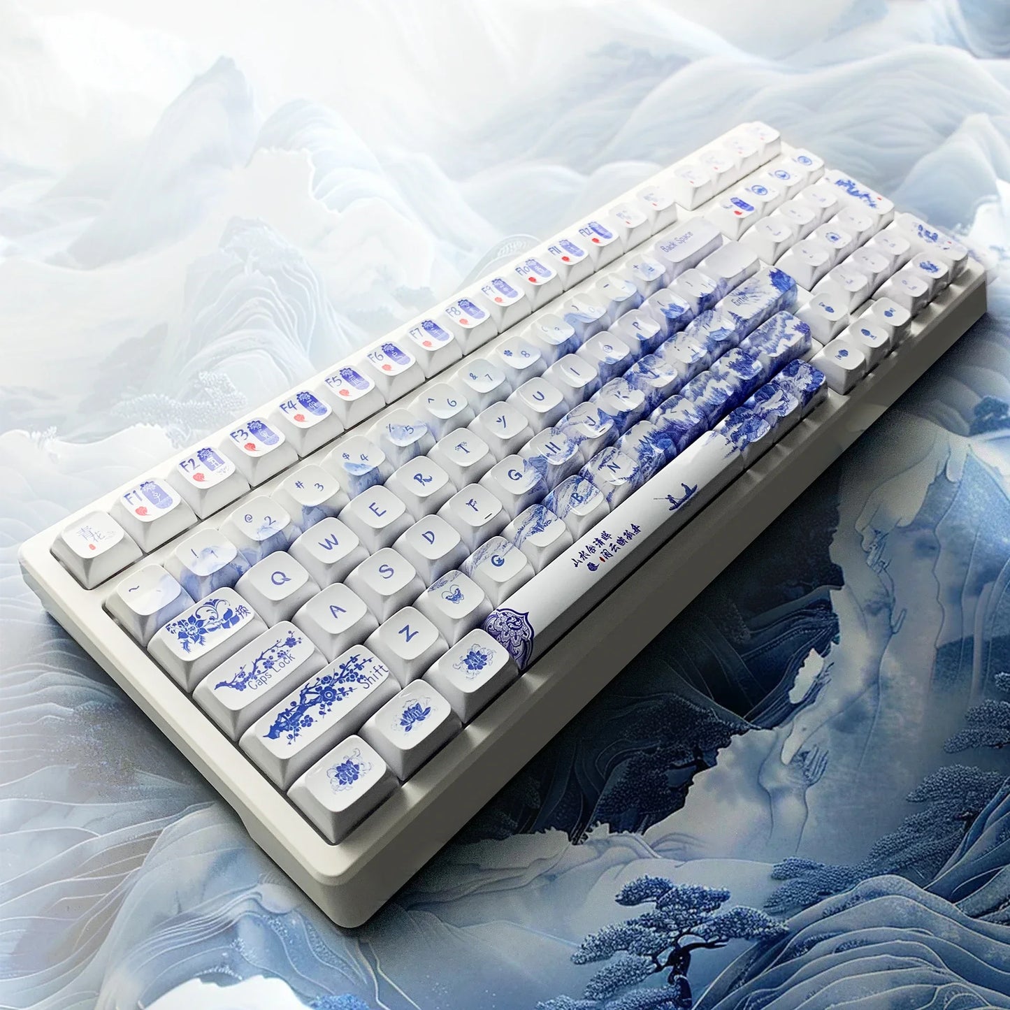 Blue and white porcelain keycap mirror ceramic effect PBT five-sided hot sublimation personalized customized wooting mechanical