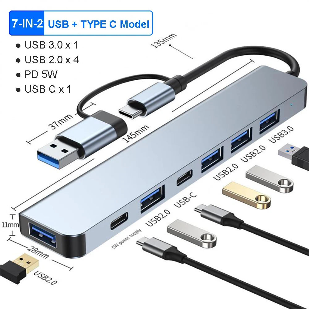 USB C Hub USB Hub 3.0,  Aluminum 7 in 1 USB Extender, USB Splitter with 1 X USB 3.0, 4 X USB 2.0 and 2 X USB C Ports